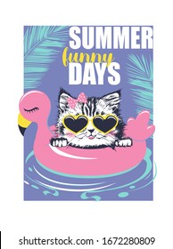 Cute cat kitten in sunglasses floats on pink flamingo rubber ring vector illustration print for t shirt 