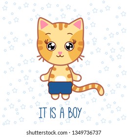 Cute cat, kitten. Vector invitation with cute pattern. Baby arrival. It's a boy greeting card