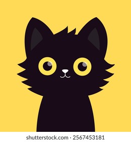 Cute cat. Kitten with yellow eyes. Kawaii face head. Black silhouette icon. Funny pet animal. Cartoon funny character. Childish style. Happy Halloween. Flat design. Yellow background. Isolated. Vector