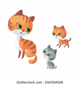 Cute cat with kittens. Vector illustration in cartoon style isolated on a white background.