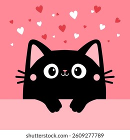 Cute cat kitty black silhouette with paws. Peeking kitten. Kawaii cartoon funny character. Happy Valentines Day. Childish style. Greeting card. Flat design. Pink background. White red hearts. Vector