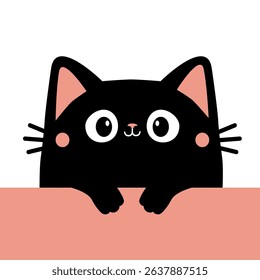 Cute cat kitty black silhouette holding pink paper. Paws. Peeking kitten. Kawaii cartoon funny baby character. Happy Valentines Day. Childish style. Greeting card. Flat design. White background Vector