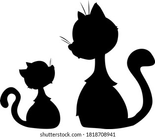 Cute Cat and Kitty Cartoon Black Silhouette - Vector Illustration