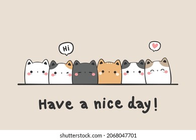 Cute cat kitty hello greeting cartoon doodle on brown background wallpaper vector illustration