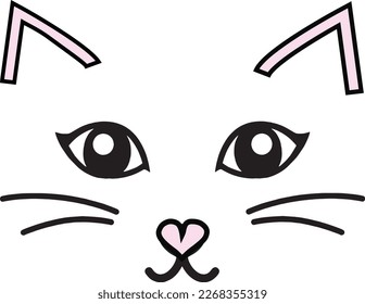 Cute Cat Kitty Kitten Face Love Hearts Novelty Graphic. Tote, Greeting card, Mugs, Poster, Tee, Nightwear Vector Logo Placement. Korean Japanese Style