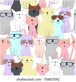 Cute cat kitty kitten face cartoon character,smile and satisfied,happy seamless pattern,by hand draw doodle comic style,animal set vector design