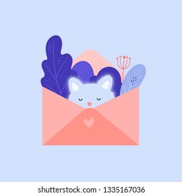 Cute cat. Kitty pet illustration. Love message. Hello card. Hand drawn vector character. Animal flat clipart. Cartoon for kids game, book, t-shirt, cards, print, textile, poster