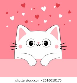 Cute cat kitty white silhouette with paws. Peeking kitten. Kawaii cartoon funny character. Happy Valentines Day. Childish style. Greeting card. Flat design. Pink background. White red hearts. Vector