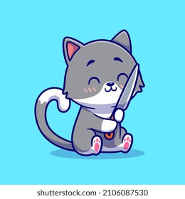 Cute Cat With Knife Cartoon Vector Icon Illustration. Animal Nature Icon Concept Isolated Premium Vector. Flat Cartoon Style