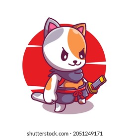 cute cat knight with samurai mascot illustration cartoon vector icon.