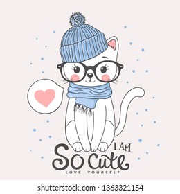 Cute cat with knitted cap, scarf, glasses. Winter time. I am So Cute slogan. Cartoon vector illustration