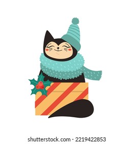 Cute cat in knitted hat and warm scarf with box of present. Funny black kitten holding Christmas gift. Happy pet going to the party. Cartoon character, vector illustration, isolated. Flat design 