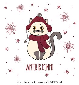 Cute cat with knitted red scarf and cap. Winter is coming text. Vector sketch original illustration on white background
