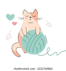 Un gato lindo con una bola de punto. Gato importante rojo con hilo de punto icono vectorial de dibujos animados, estilo de dibujos animados, ilustración vectorial, clipart.