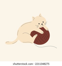 Cute cat with Knitting  and balls of yarn. Vector