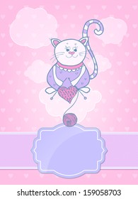 Cute cat knitting needles heart. Valentine Greeting Card