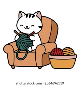 Cute Cat Knitting on a Cozy Chair