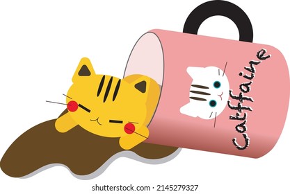 A cute cat, a cat label, a pretty pink mug and some spilled coffee are formed a nice vector art.
