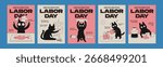 Cute cat Labor Day poster illustration set. Perfect for greeting cards, banners, flyers, and holiday promotions.
