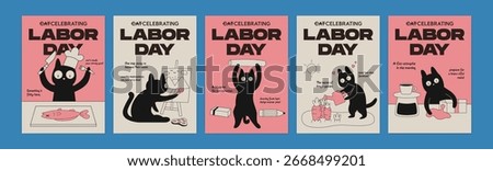 Cute cat Labor Day poster illustration set. Perfect for greeting cards, banners, flyers, and holiday promotions.