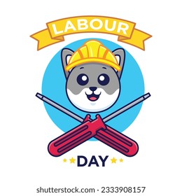 Cute Cat Labour Day Vector Cartoon Illustration. Animal Work Icon Concept Isolated. Flat Cartoon Style