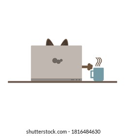 Cute Cat With A Laptop And A Cup Of Hot Coffee