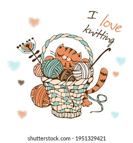 Cute Katze mit einem großen Korb aus Strickbällen. Vektorgrafik.