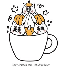 Cute Cat Latte Art with Pumpkins for Autumn and Halloween