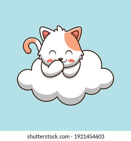 cute cat laughing on cloud cartoon illustration