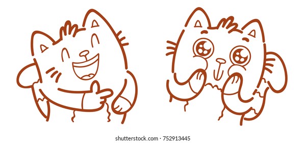 Cute Cat: laughing pointing finger, kidding, joking and admire, wonder, amazed emotion with googly eyes. Character in outline hand drawn style, doodle cartoon illustration. As mascot, sticker, emoji