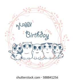 Cute cat and laurel wreath doodle hand drawing vector illustration