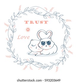 Cute cat and laurel wreath doodle hand drawing vector illustration