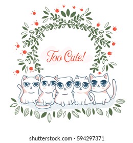 Cute cat and laurel wreath doodle hand drawing vector illustration