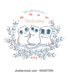 Cute cat and laurel wreath doodle hand drawing vector illustration