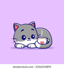 Cute Cat Lay With Coffee Cartoon Vector Icon Illustration. Animal Drink Icon Concept Isolated Premium Vector. Flat Cartoon Style