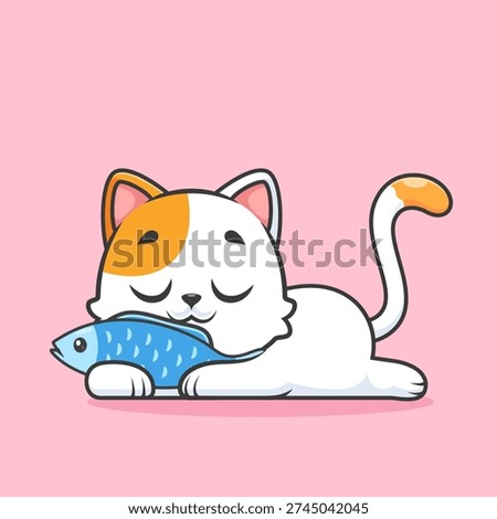 Cute Cat Lay On Fish Cartoon Vector Icon Illustration. Animal Food Icon Concept Isolated Premium Vector. Flat Cartoon Style