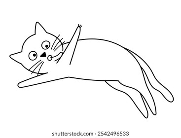 Cute cat laying down and licking its paw in black and white. Funny feline character isolated element in outline. Great for coloring page, prints and cards. Vector illustration