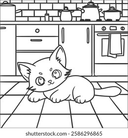Cute Cat Laying In The Kitchen Line Art Cartoon Vector Illustration