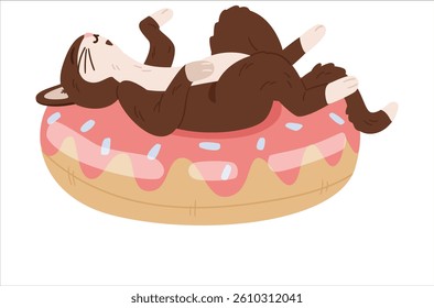 Cute cat laying on back and sunbathing on swimming ring in shape of donut vector illustration isolated on white.