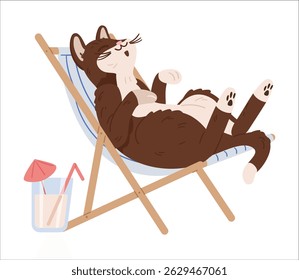 Cute cat laying on back in lounge chair sunbathing vector illustration isolated on white. Cat on summer vacation funny character.