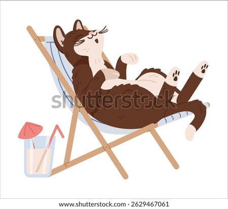 Cute cat laying on back in lounge chair sunbathing vector illustration isolated on white. Cat on summer vacation funny character.