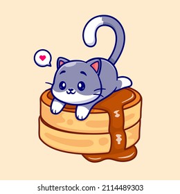 Cute Cat Laying On Pancake Cartoon Vector Icon Illustration. Animal Food Icon Concept Isolated Premium Vector. Flat Cartoon Style