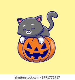 Cute Cat Laying On Pumpkin Halloween Cartoon Vector Icon Illustration. Animal Halloween Icon Concept Isolated Premium Vector. Flat Cartoon Style