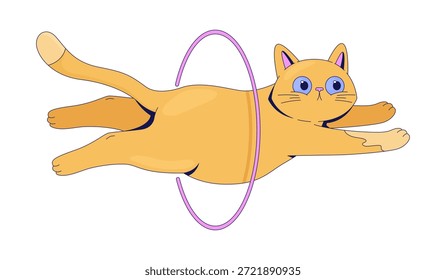 Gato lindo saltando a través del personaje de dibujos animados 2D hula hoop. Gatito caprichoso flotando en el aire a través del anillo flotante. Acrobático felino acrobático animal de Vector plano aislado en blanco. Ilustración de punto colorido