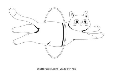 Gato fofo pulando através de hula hoop 2D personagem de linha. Gatinho caprichoso flutuando no ar através do anel pairando. Acrobacia felina isolada vetor tinta delineamento animal. Ilustração monocromática
