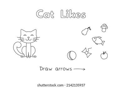 Cute cat learning game for small children - color and draw arrows. Vector coloring book pages for kids. Learning English language