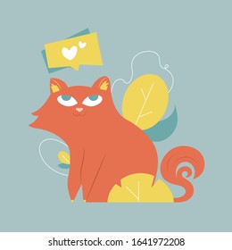 Cute cat in the leaves. Bubble with a heart. The love of a pet. Conceptual illustration with an animal for stickers, banners, printed on t-shirts.
