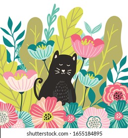 Cute cat in leaves and whimsical flowers, hiding in the garden. Spring in the garden, animal illustration, cute kids and children print for cards, clothing, posters, stationery.