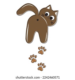 Cute cat left a paw print, color vector illustration in cartoon style