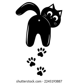 Cute cat left a paw print, black outline, vector illustration in doodle style